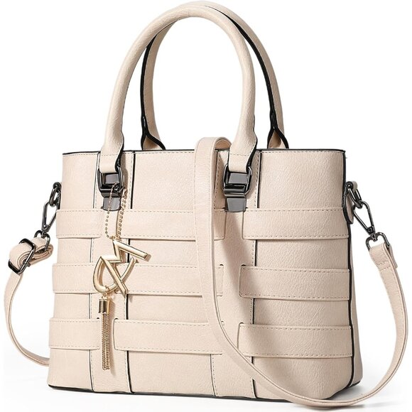 PU Leather Weave Beige Shoulder Bag for Women Elegant Top Handle Designer Purse - Picture 1 of 7